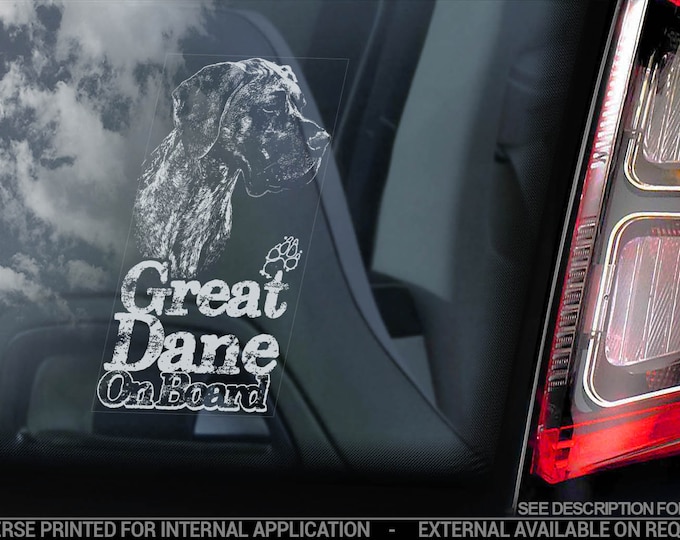 Great Dane on Board - Car Window Sticker - Brindle Mastiff Dog Sign Decal - V07