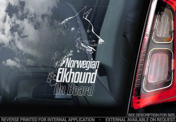 Norwegian Elkhound on Board - Car Window Sticker - Norsk Elghund Dog Sign Decal - V03