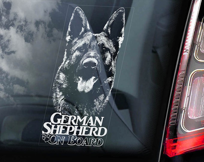 German Shepherd on Board - Car Window Sticker - Beware Dog GSD Warning Security Sign Decal - PERSONALISE! -V07