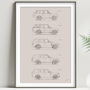 May include: Framed print featuring a series of five Range Rover models in a detailed line drawing style. The vehicles are depicted in profile against a neutral background, showcasing the evolution of the iconic SUV. The artwork is presented in a black frame.