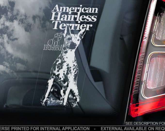 American Hairless Terrier on Board - Car Window Sticker - AHT Dog Sign Decal Gift - V02