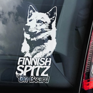Fiński szpic na pokładzie - naklejka na szybę samochodu - naklejka na prezent z napisem Finsk Spets Dog - V01