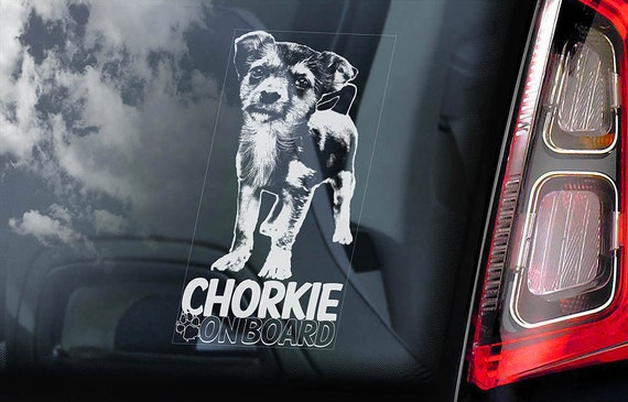 Chorkie on Board - Car Window Sticker - Mixed breed Yorkie Dog Sign Art Decal - V01