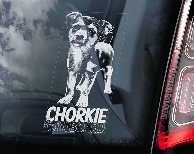 Chorkie on Board - Car Window Sticker - Mixed breed Yorkie Dog Sign Art Decal - V01
