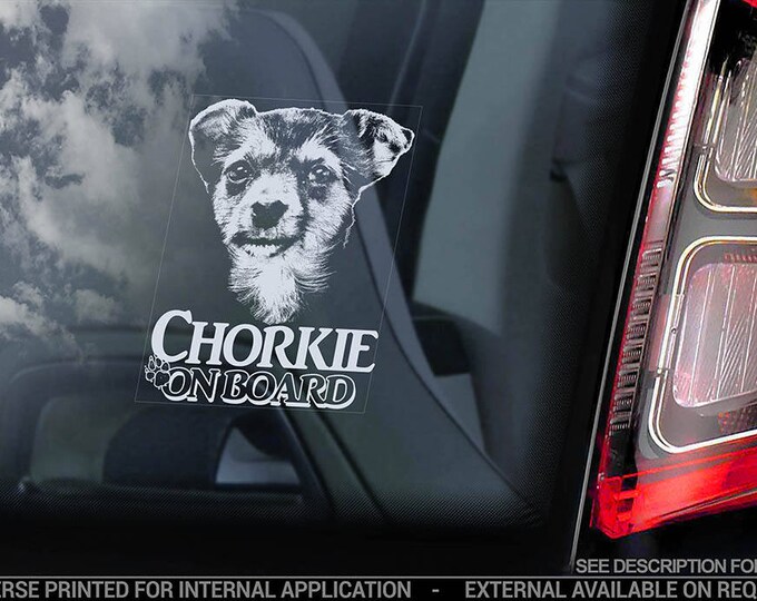 Chorkie on Board - Car Window Sticker - Mixed breed Yorkie Dog Sign Art Decal - V02