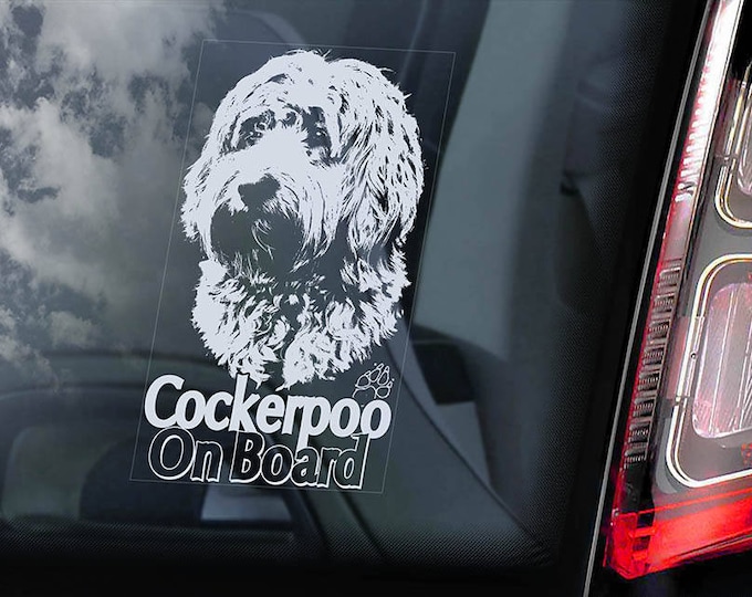 Cockerpoo on Board - Car Window Sticker -  Spaniel Poodle Mixed-Breed Dog Sign Decal -V01