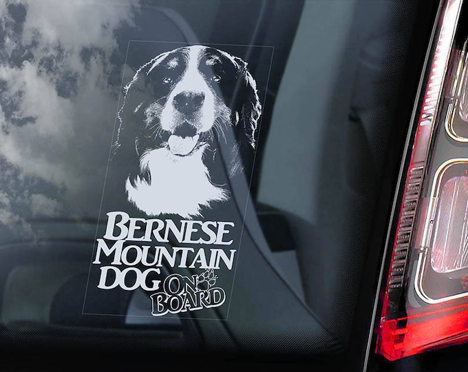 Bernese Mountain Dog on Board - Car Window Sticker - Berner Sennenhund Sign Decal Art Gift - V02