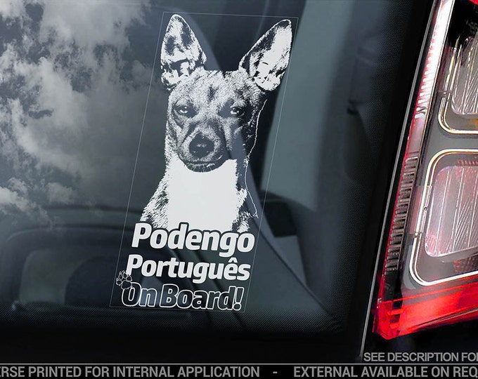 Podengo Portugues on Board - Car Window Sticker - Portuguese Warren Hound Dog Sign Decal - V03