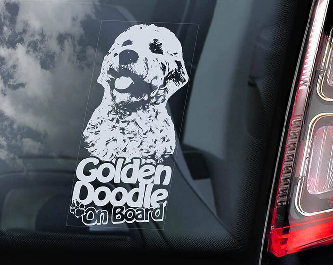 Goldendoodle on Board - Car Window Sticker - Golden doodle Dog Sign Decal -V04