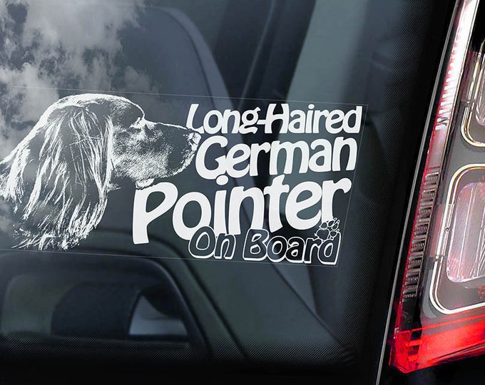 German Longhaired Pointer on Board - Car Window Sticker - Vorstehhund Dog Sign Long-haired Decal -V03