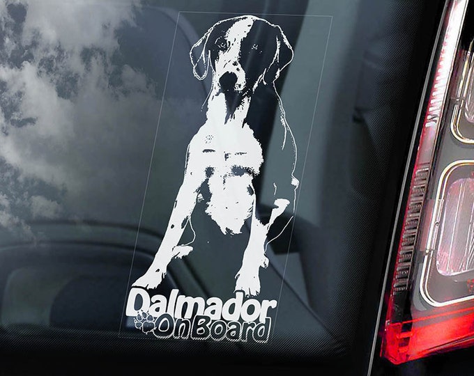 Dalmador on Board - Car Window Sticker - Cross Breed Carriage Leopard Dog Sign Gift Decal - V01