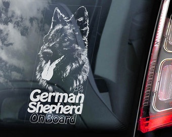 German Shepherd on Board - Car Window Sticker - Long-Haired Alsatian K9 Dog Sign Decal -V14