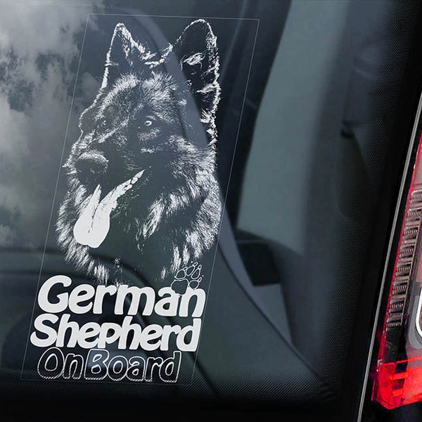 German Shepherd on Board - Car Window Sticker - Long-Haired Alsatian K9 Dog Sign Decal -V14