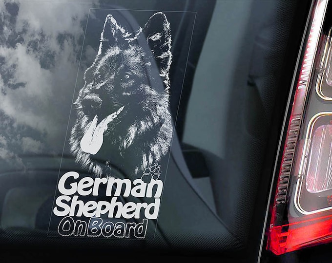 German Shepherd on Board - Car Window Sticker - Long-Haired Alsatian K9 Dog Sign Decal -V14
