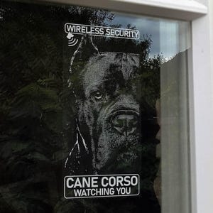 Könnte beinhalten: Schwarz-weißer Aufkleber auf einem Fenster mit einem Cane Corso-Hund und dem Text "WIRELESS SECURITY" und "CANE CORSO WATCHING YOU". Das Gesicht des Hundes ist der Mittelpunkt, mit einer detaillierten Illustration.