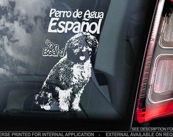 Perro de Agua Español a bordo - etiqueta engomada de la ventana del coche - Espanol Español perro de agua muestra etiqueta - V01