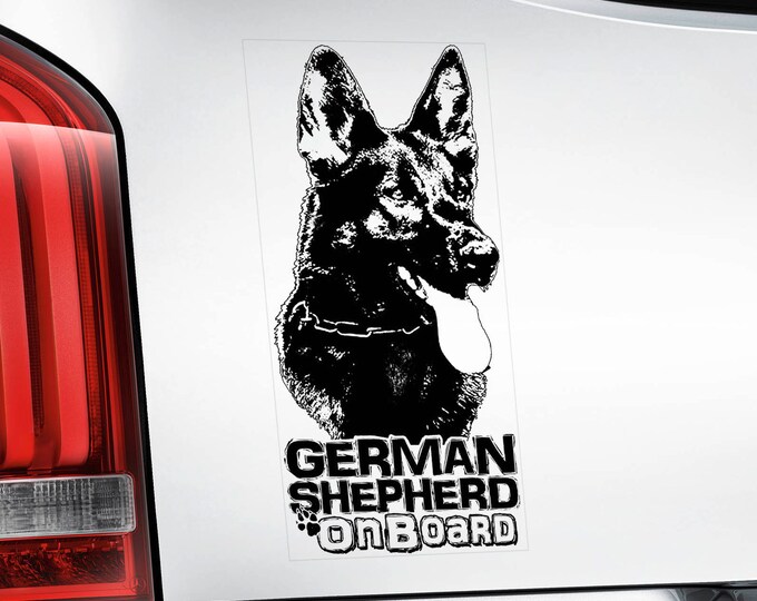 German Shepherd on Board - Car Sticker - Alsatian Dog GSD Window Bumper Sign Decal -V02BLK