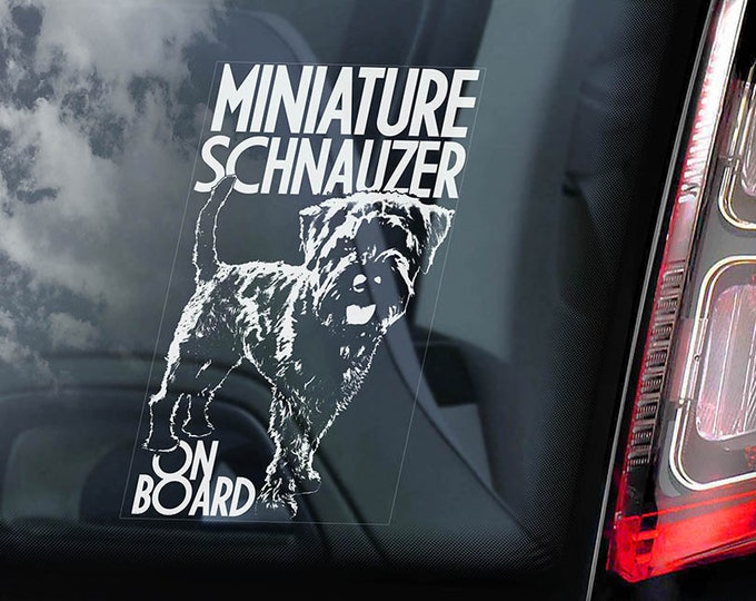 Miniature Schnauzer on Board - Car Window Sticker - Zwergschnauzer Dwarf Dog Sign Decal - V02