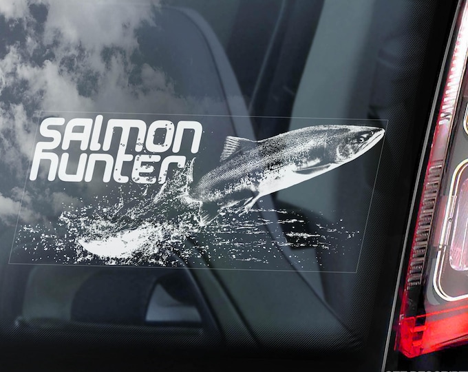 SALMON HUNTER Fishing Sticker, Tackle Box Sign, Boat Car Window Decal, Angling Fisherman Fish Gift -V01