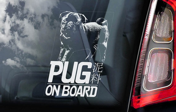 Pug Dog on Board - Car Window Sticker - Black Coated Sign Decal -V02