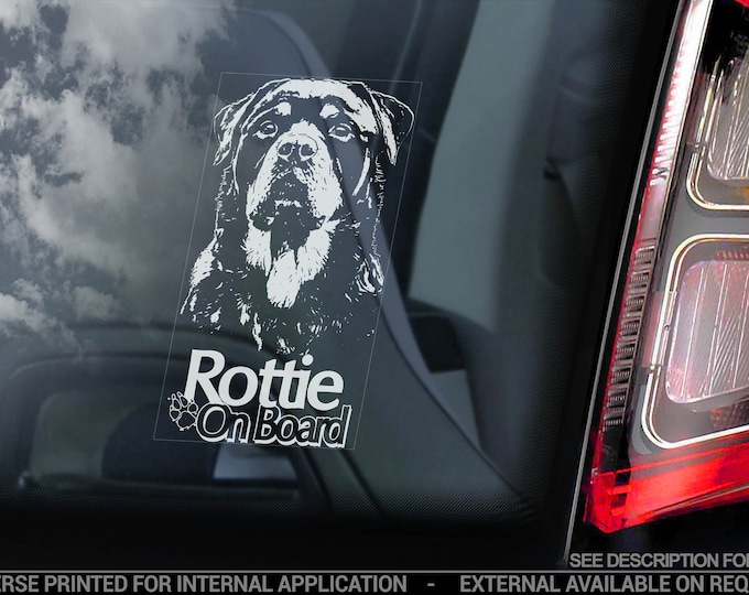 Rottweiler - Car Window Sticker - Rottie on Board Beware of the Dog Sign Bumper Decal - V09