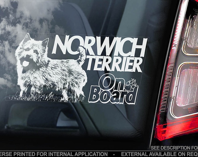 Norwich Terrier on Board - Car Window Sticker - Dog Sign Decal Gift Art - V01