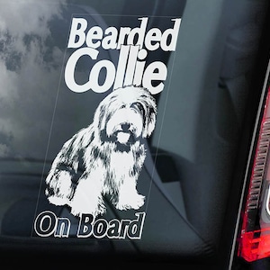Bearded Collie on Board - Car Window Sticker - Highland Mountain Dog Sign Decal Art Gift - V01