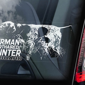Op de afbeelding: Witte auto sticker voor het raam met een zwart-wit silhouet van een Duitse Korthaar hond. De tekst op de sticker luidt "Duitse Korthaar aan boord".