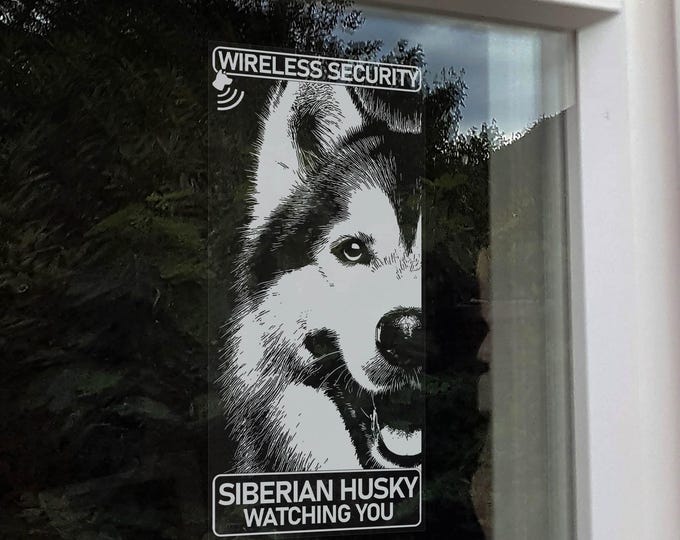 SIBERIAN HUSKY Wireless Security, Dog Lives Here Home Protection Window Sticker, K9 Dog Anti Theft Warning Sign Decal -V12