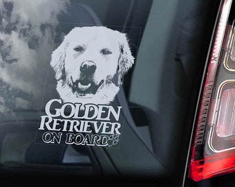 Golden Retriever on Board - Car Window Sticker - Dog Sign Bumper Decal - V08