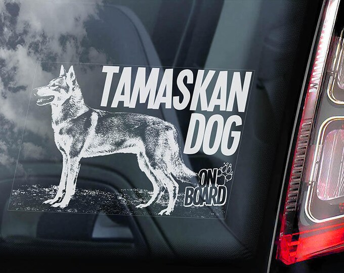 Tamaskan Dog on Board - Car Window Sticker - Tam Husky Sign Decal - V04