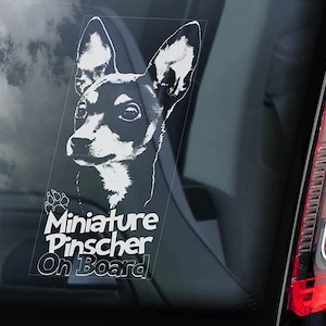 May include: A clear window decal featuring a black and white illustration of a Miniature Pinscher dog. The text "Miniature Pinscher On Board" is below the dog image. The decal is affixed to a car window.