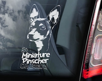 Miniature Pinscher on Board - Car Window Sticker - Zwergpinscher Min Pin Dog Sign Decal - V03