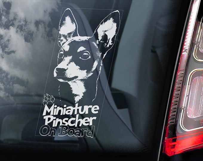 Miniature Pinscher on Board - Car Window Sticker - Zwergpinscher Min Pin Dog Sign Decal - V03