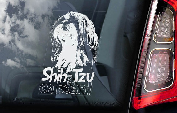 Shih-Tzu on Board - Car Window Sticker - Long Haired Chrysanthemum Dog Sign Decal  -V02