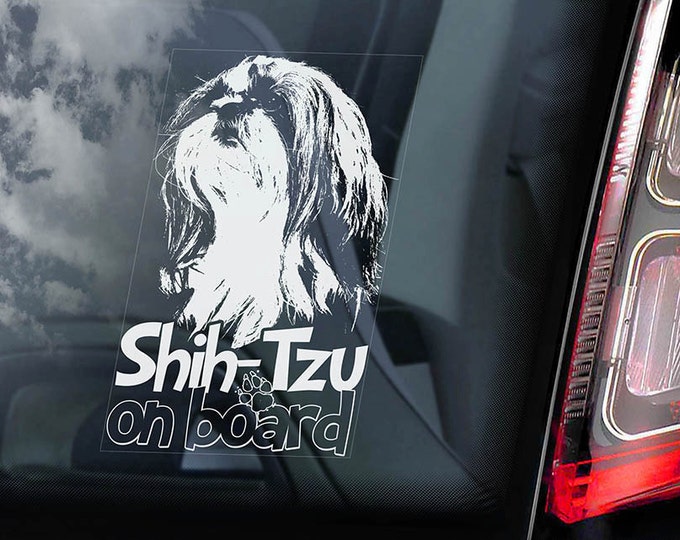 Shih-Tzu on Board - Car Window Sticker - Long Haired Chrysanthemum Dog Sign Decal  -V02