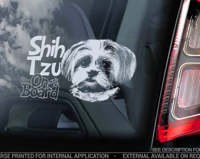 Shih Tzu on Board - Car Window Sticker - Long Haired Chrysanthemum Dog Sign Decal  -V06