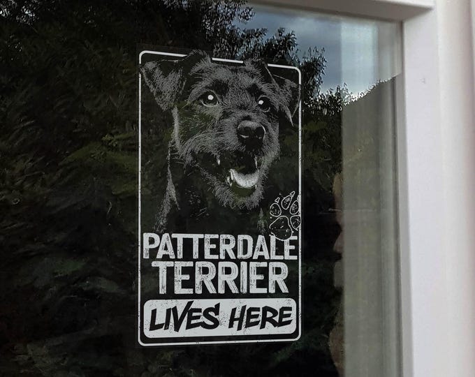Patterdale Terrier Lives Here - Car Window Sticker - Dog Owner Gift Decal Sign Art -V02