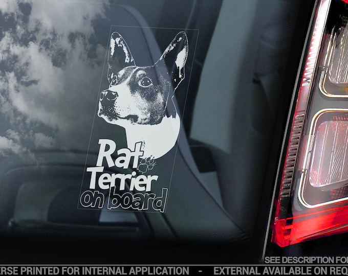 Rat Terrier on Board - Car Window Sticker - American Ratting Dog Sign Bumper Decal - V01