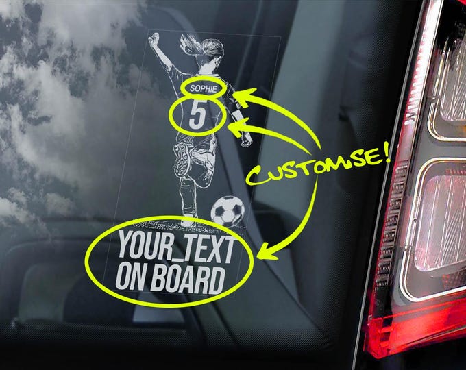 Personalised Girl Footballer Sticker - CUSTOM NAME & NUMBER - Car Window Decal Sports Football Team Club Kids Child Text Design