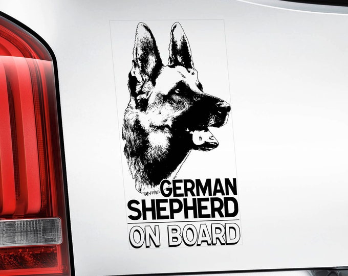 German Shepherd on Board - Car Sticker - Alsatian Dog GSD Window Bumper Sign Decal -V01BLK