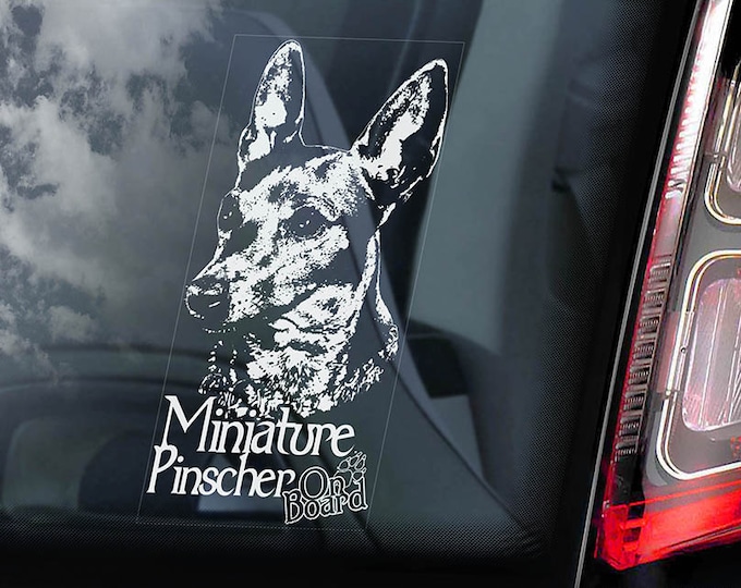 Miniature Pinscher on Board - Car Window Sticker - Zwergpinscher Min Pin Dog Sign Decal - V02
