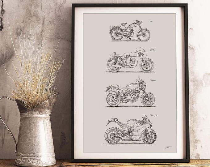 Ducati Evolution Art Poster Print, Motorcycle Illustration Artwork, Motorbike Rider Owner Custom Gift