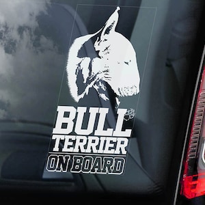 Bull Terrier on Board - Car Window Sticker -  English Bully Dog Sign Decal -V05