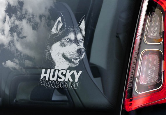 Husky on Board - Car Window Sticker - Siberian Huskie Sled Dog Sign Bumper Decal - V09