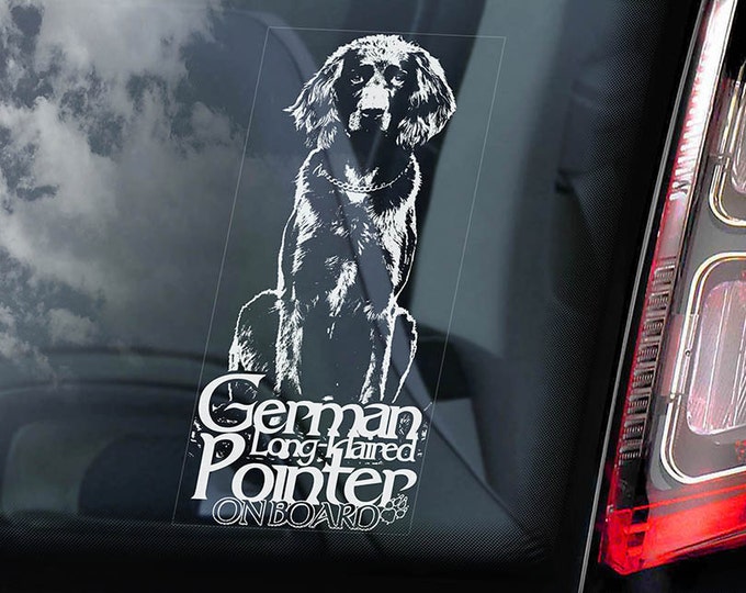 German Longhaired Pointer on Board - Car Window Sticker - Vorstehhund Dog Sign Long-haired Decal -V04