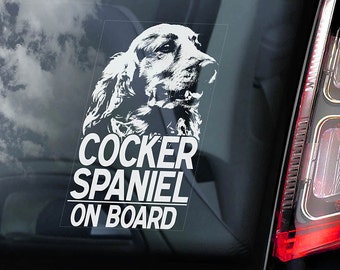 Autocollant Fenêtre Voiture Cocker Spaniel "Dog On Board" - Blanc, 195x100 Mm, Application Intérieure