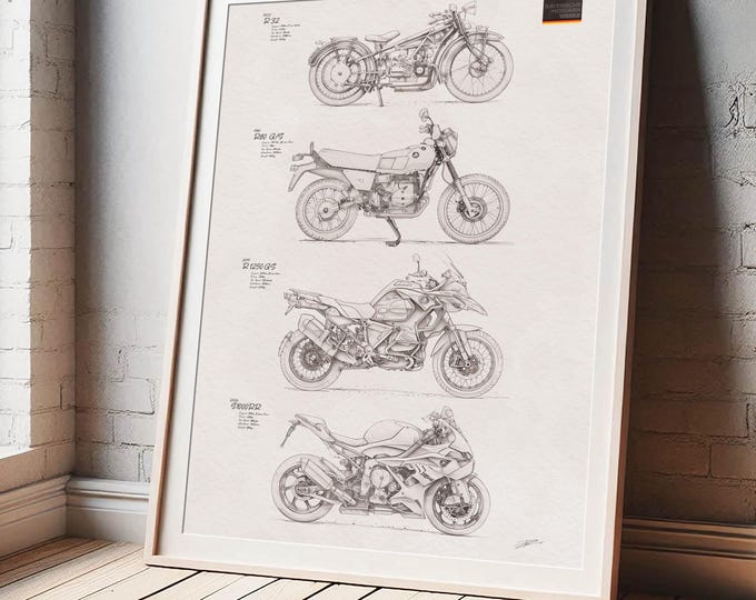 BMW Motorcycle Evolution  |  Art Poster Print, Motorbike Illustration Artwork | Rider Owner Gift V2