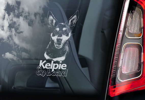 Kelpie on Board - Car Window Sticker - Australian Farmer Barb Dog Sign Decal Gift - V01