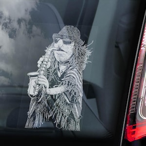 May include: A black and white illustration of a character wearing a hat and sunglasses playing a saxophone. The character has a large moustache and a long, flowing beard.